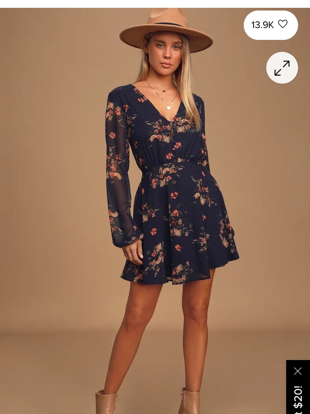 Lulu's Navy Floral V-Neck Long-Sleeve Mini Dress